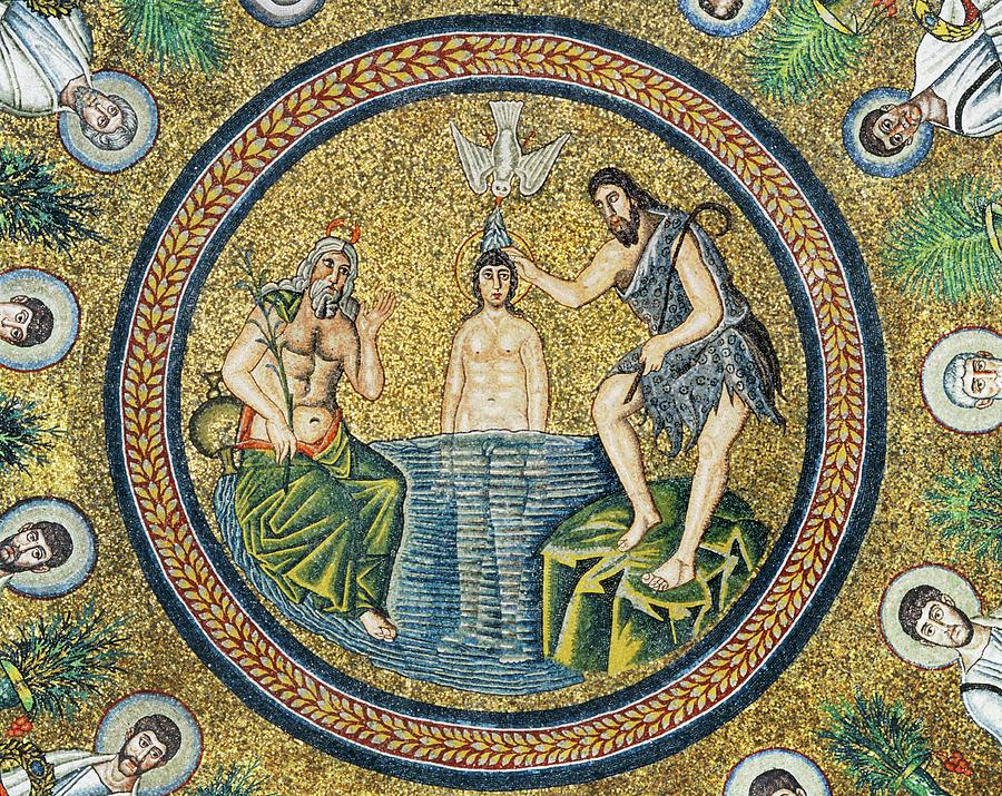 Cupola moasic of Baptism of Christ by John Baptist with the River God of jordan in Baptistery of ... Painting by Album