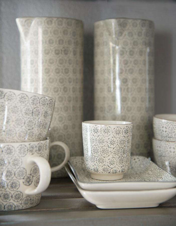 Cups And Jugs With Pale Grey Retro Pattern Photograph by Inge Ofenstein