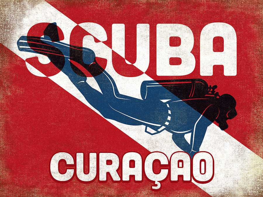 Curacao Digital Art - Curacao Scuba Diver - Blue Retro by Flo Karp