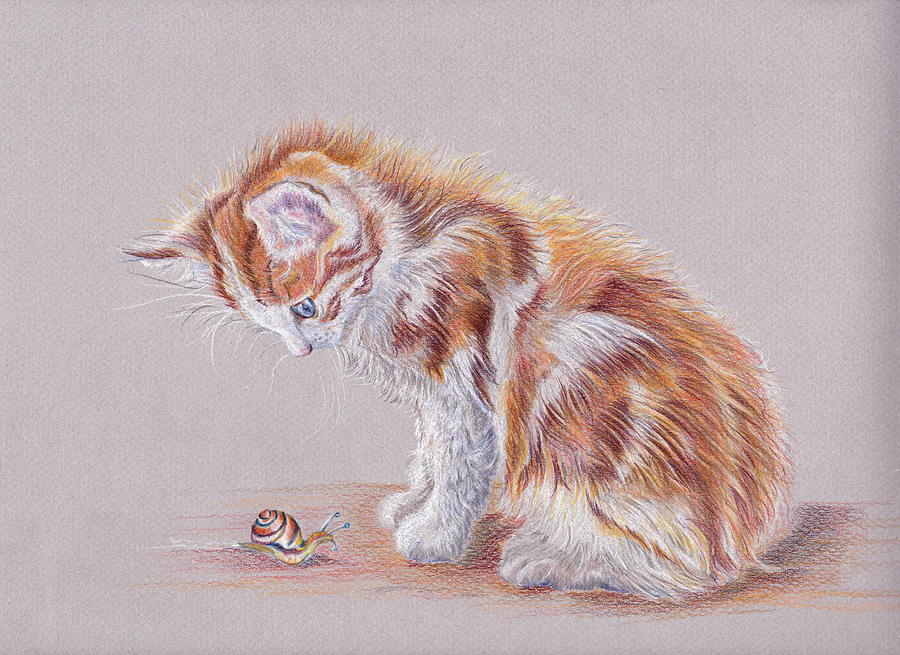 Curiosity and the fluffy kitten Painting by Debra Hall