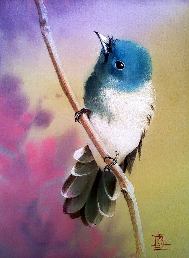 Curious Birdie on Branch Painting by Alina Oseeva