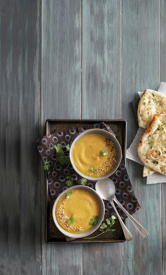 Curried Butternut And Lentil Soup With Garlic Naan Photograph by Great Stock!