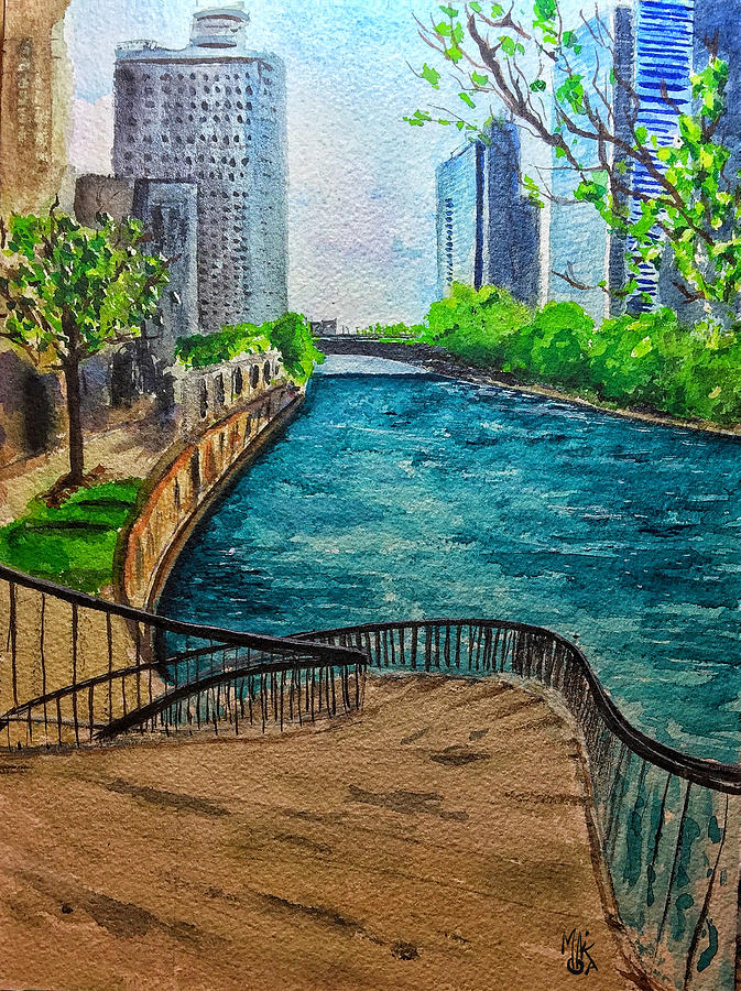 Chicago Painting - Curvy Steps on the River Walk by Monika Arturi Chicago Painting - Curvy Steps on the River Walk by Monika Arturi
