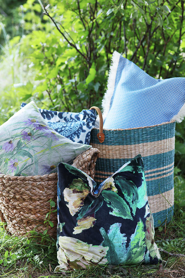 Cushions In Woven Bags In Garden Photograph by Annette Nordstrom