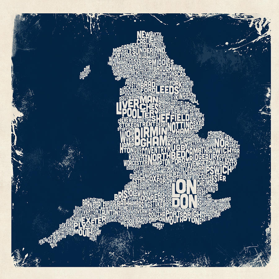 Custom England City Text map Digital Art by Michael Tompsett