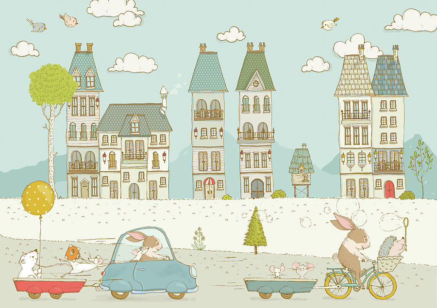Cute animals in the city whimsical art for kids Painting by Matthias Hauser