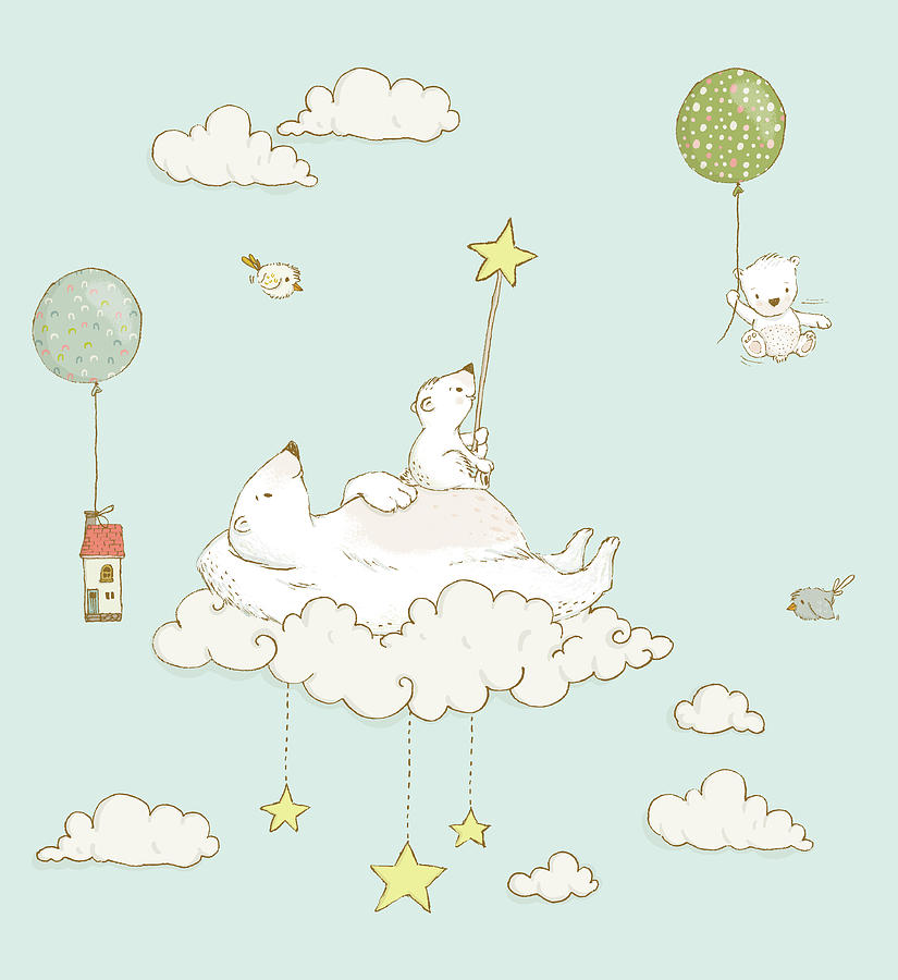 Cute bears and clouds in the sky whimsical art for kids Painting by Matthias Hauser
