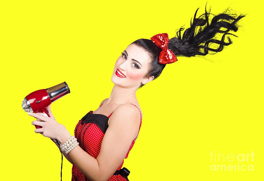 Portrait Photograph - Cute brunette retro woman with hair dryer by Jorgo Photography Portrait Photograph - Cute brunette retro woman with hair dryer by Jorgo Photography