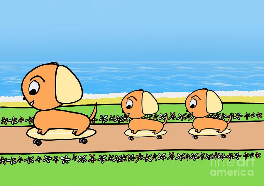Cute Cartoon Dogs on Skateboards at the Beach Digital Art by Barefoot Bodeez Art