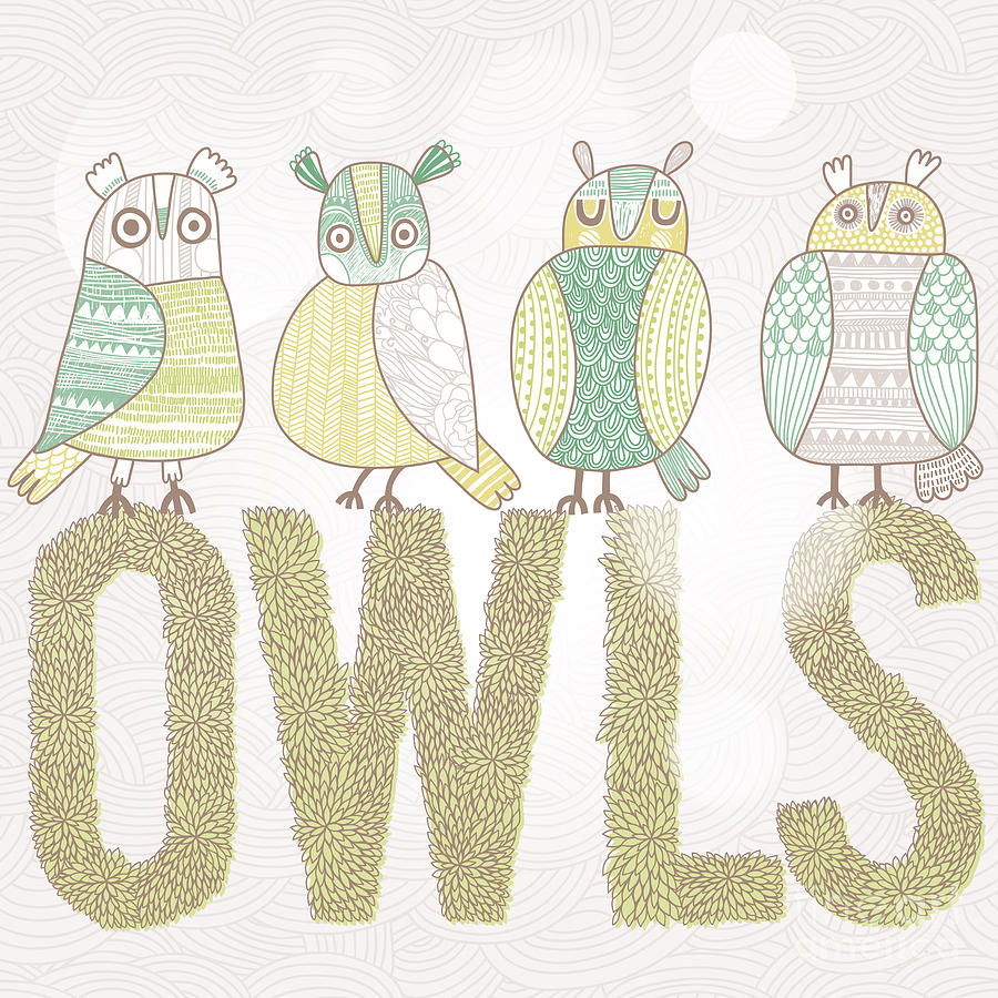 Symbol Digital Art - Cute Cartoon Owls In Vector With Text by Smilewithjul Symbol Digital Art - Cute Cartoon Owls In Vector With Text by Smilewithjul