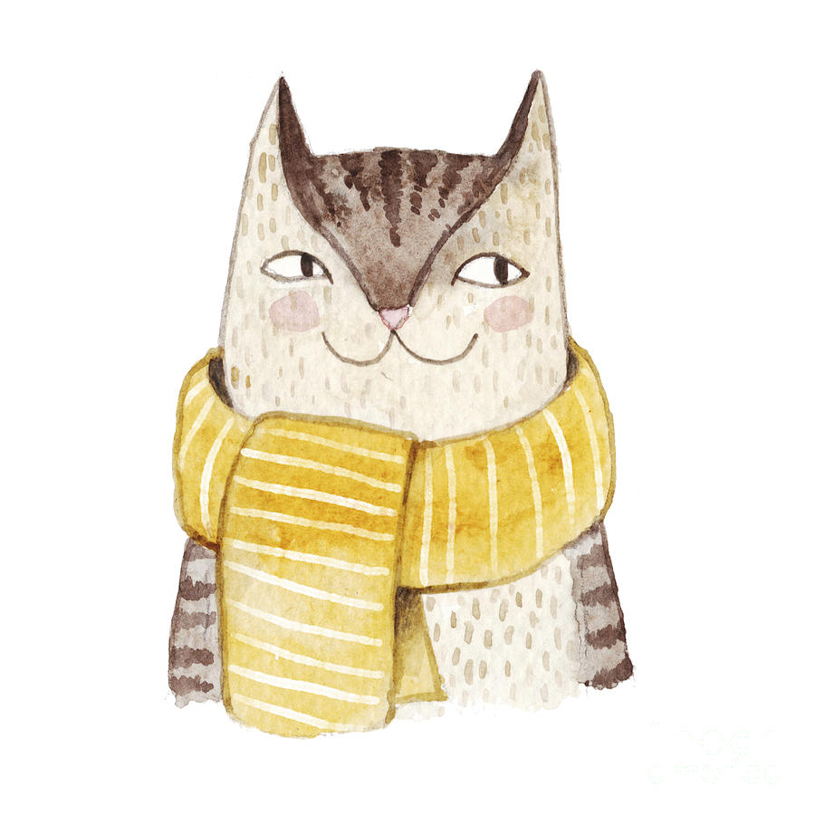 Cute Cat In Scarf Watercolor Digital Art by Maria Sem - Fine Art America