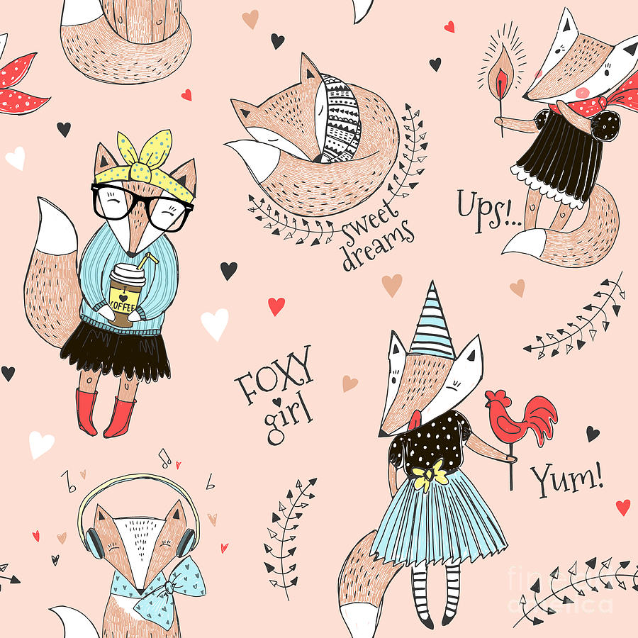Dress Digital Art - Cute Fox Character Seamless Pattern by Olga angelloz Dress Digital Art - Cute Fox Character Seamless Pattern by Olga angelloz