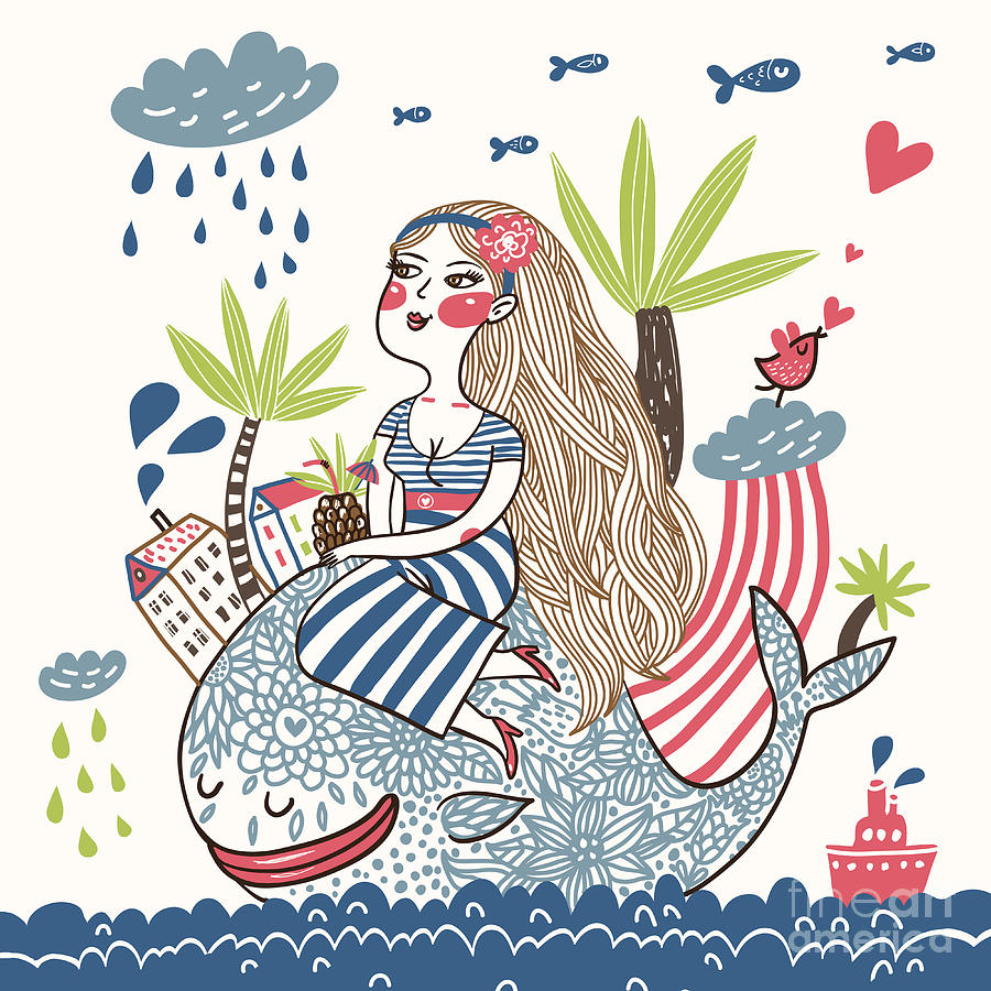 Beauty Digital Art - Cute Girl On A Whale In Cartoon Style by Smilewithjul Beauty Digital Art - Cute Girl On A Whale In Cartoon Style by Smilewithjul