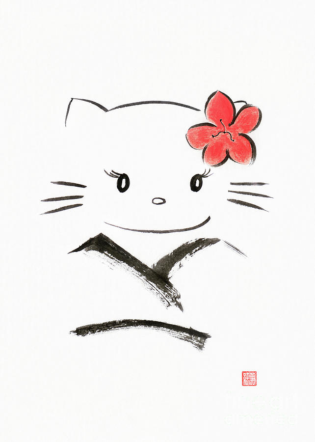 Happily giggling Hello kitty with a red bow, Japanese kawaii cartoon  character inspired sumi-e illus Tapestry by Awen Fine Art Prints - Fine Art  America