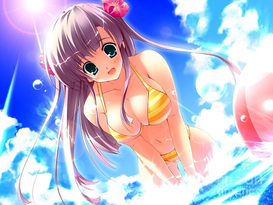 Cute Hentai Girl In Bikini Playing In Water Ultra Hd Drawing