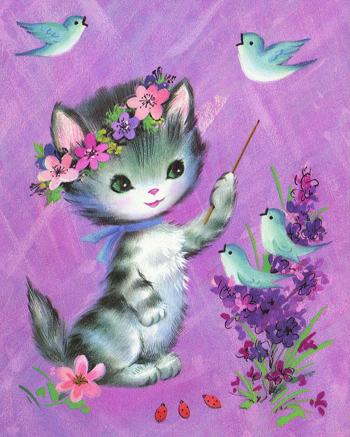 Vintage Drawing - Cute Kitten and Birds by CSA Images