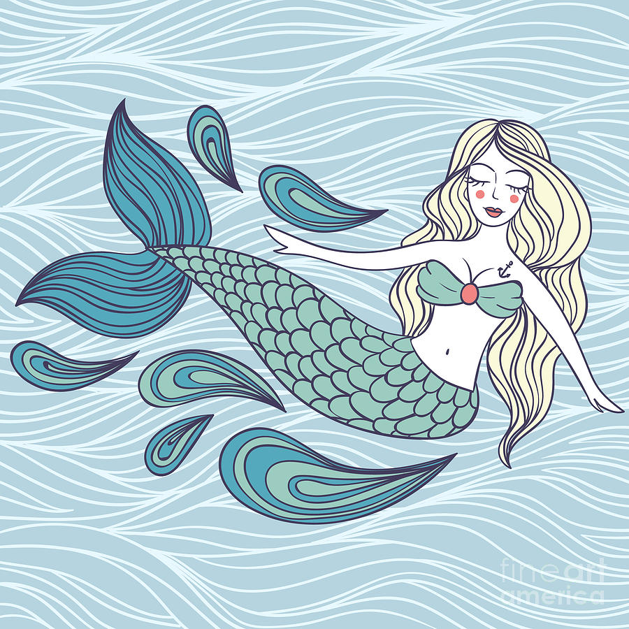 Cute Mystical Mermaiddeep Oceanvector Digital Art by Maria Sem - Fine ...