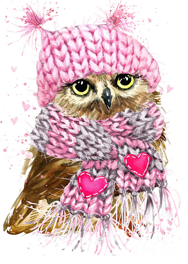Feather Digital Art - Cute Owl Watercolor Illustration by Faenkova Elena