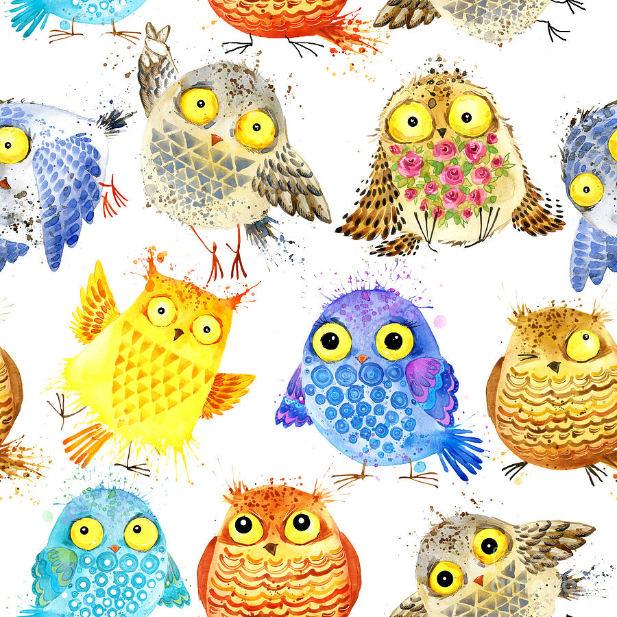 Cute Owl Watercolor Seamless Pattern Digital Art By Faenkova Elena Fine Art America