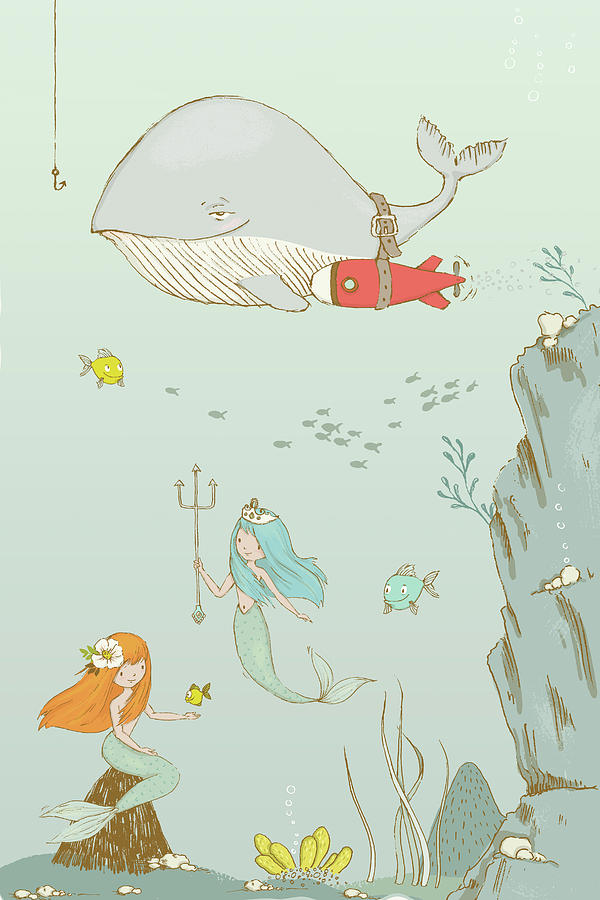 Cute Whale and Mermaids whimsical Art for Kids Painting by Matthias Hauser
