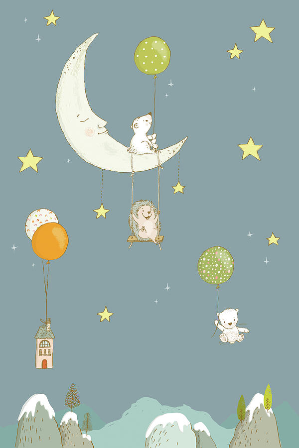 Cute whimsical animals and night sky Painting by Matthias Hauser