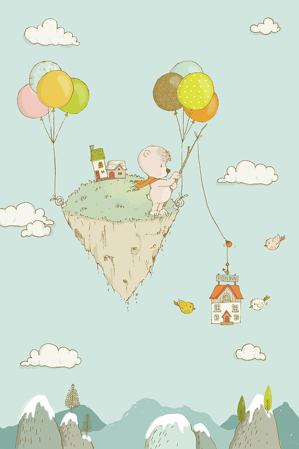 Cute whimsical bear fishing in the sky Drawing by Matthias Hauser