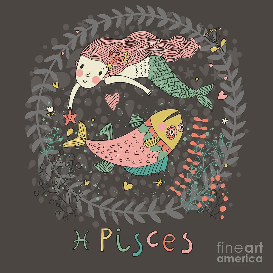 Magic Digital Art - Cute Zodiac Sign - Pisces Vector by Smilewithjul