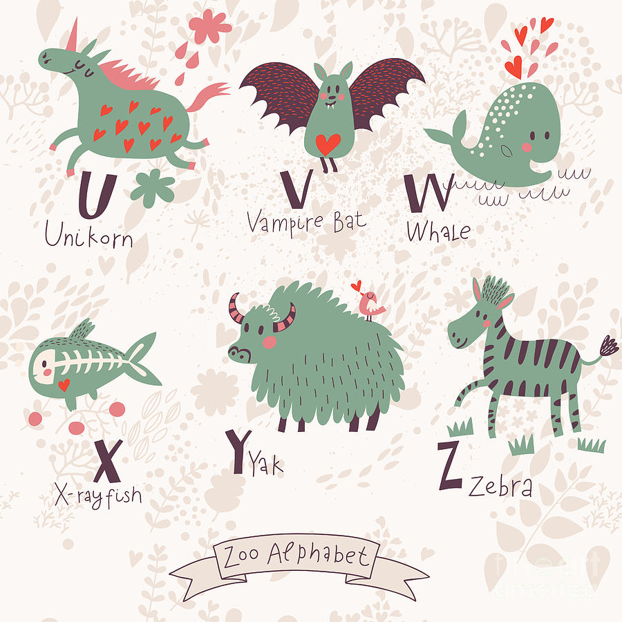 Typography Digital Art - Cute Zoo Alphabet In Vector. U, V, W by Smilewithjul Typography Digital Art - Cute Zoo Alphabet In Vector. U, V, W by Smilewithjul