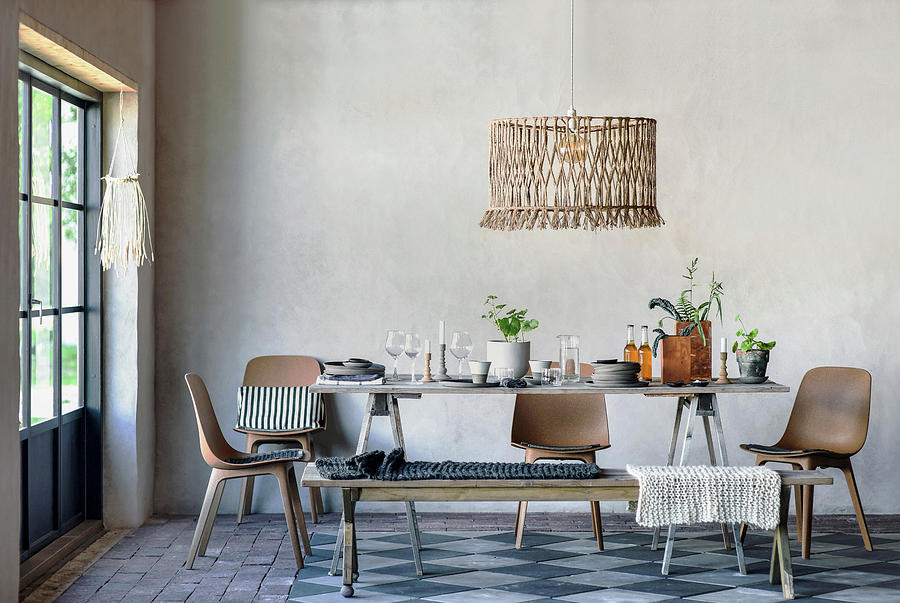 Cutlery And Houseplants On Rustic Wooden Table, Chairs And Bench Photograph by Magdalena Bjrnsdotter