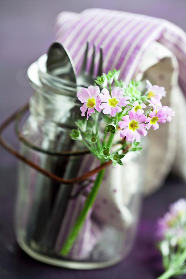 Cutlery And Napkins In A Jar With A Handle Decorated With Baby Primroses Photograph by Martina Schindler