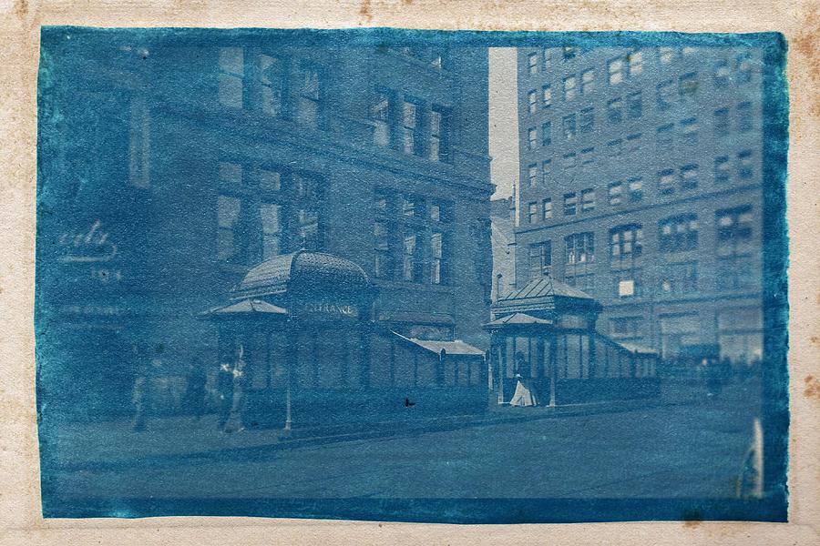 Nature Painting - Cyanotype Photo of 1905 Subway entrance and exit kiosks at East 23 Street. by Stephen Thompsoon by Celestial Images