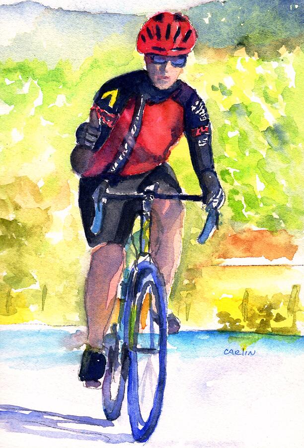 Cyclist Thumbs-Up Ride Painting by Carlin Blahnik CarlinArtWatercolor