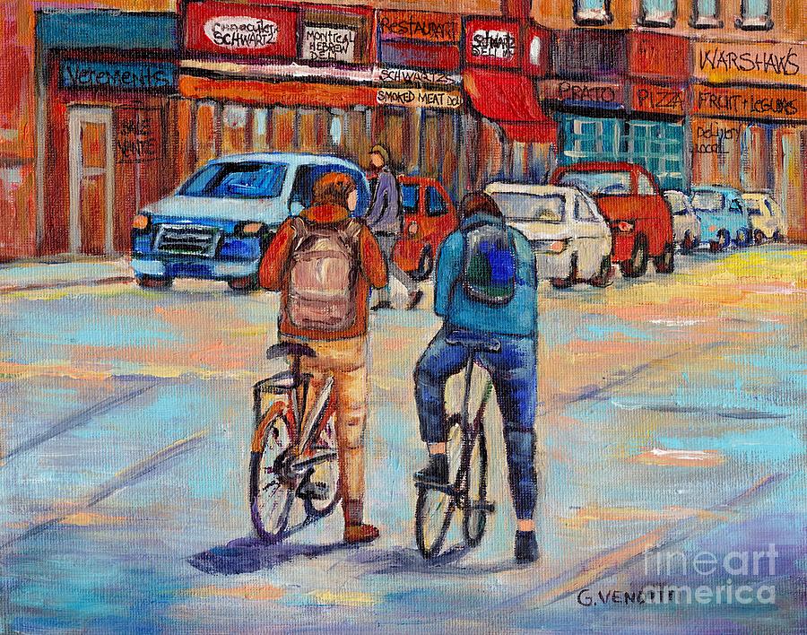 Cyclists Biking To Main Street Park Avenue Cityscene Schwartzs Paintings Warshaw Fruits G Venditti  Painting by Grace Venditti