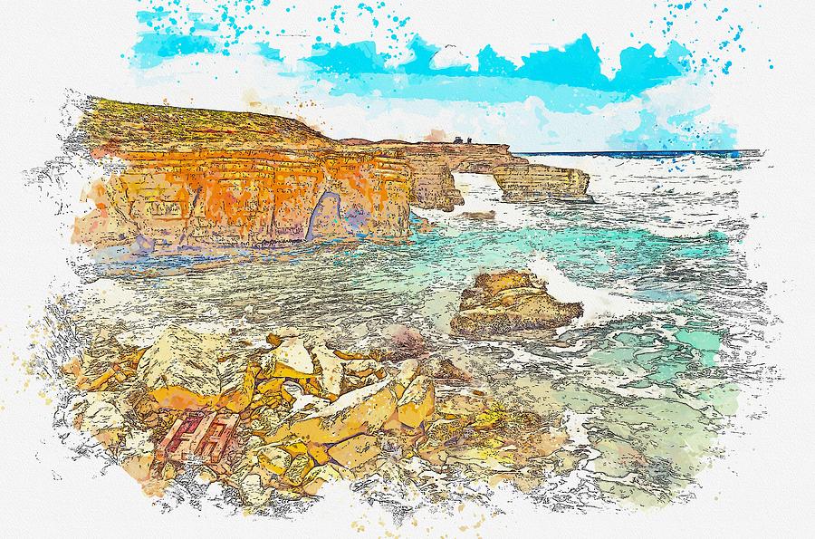 Cyprus Coastal Seascape 2 -  watercolor by Ahmet Asar Painting by Celestial Images