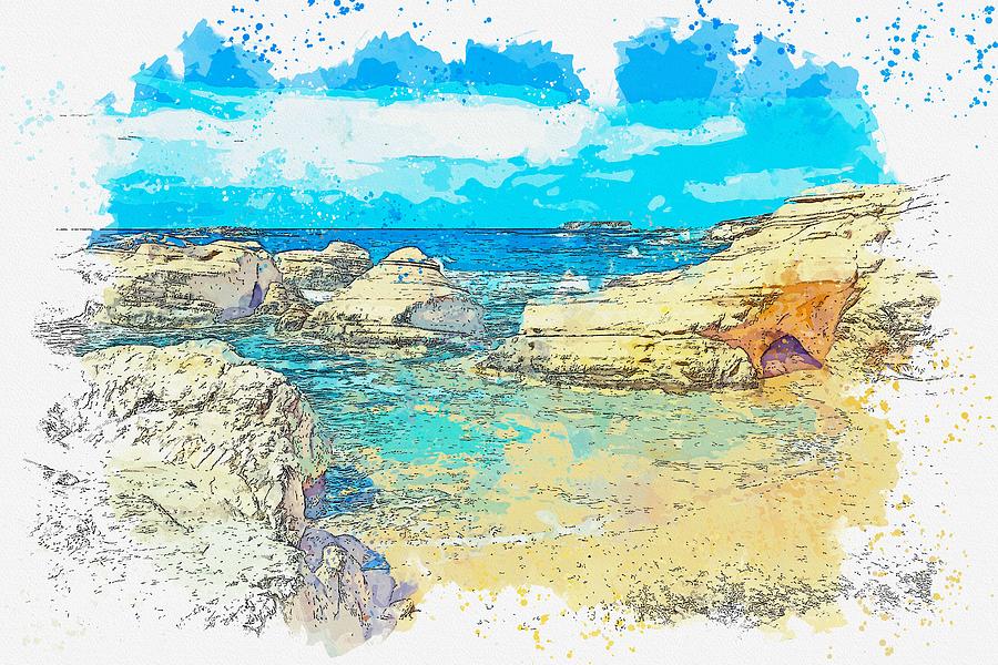 Cyprus Coastal Seascape -  watercolor by Ahmet Asar Painting by Celestial Images