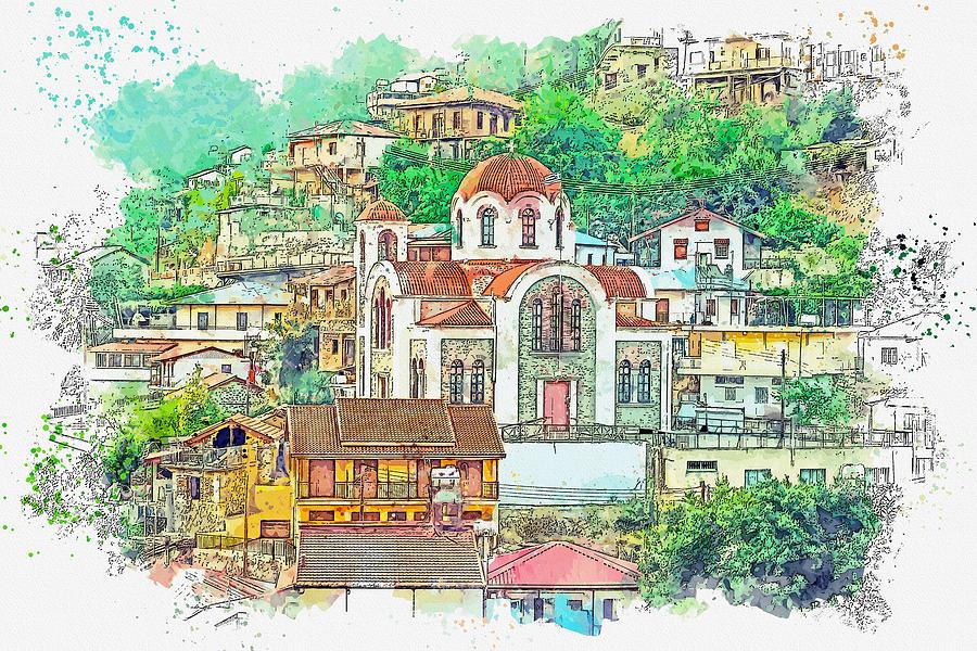 Nature Painting - Cyprus Moutoullas Church Village -  watercolor by Ahmet Asar by Celestial Images