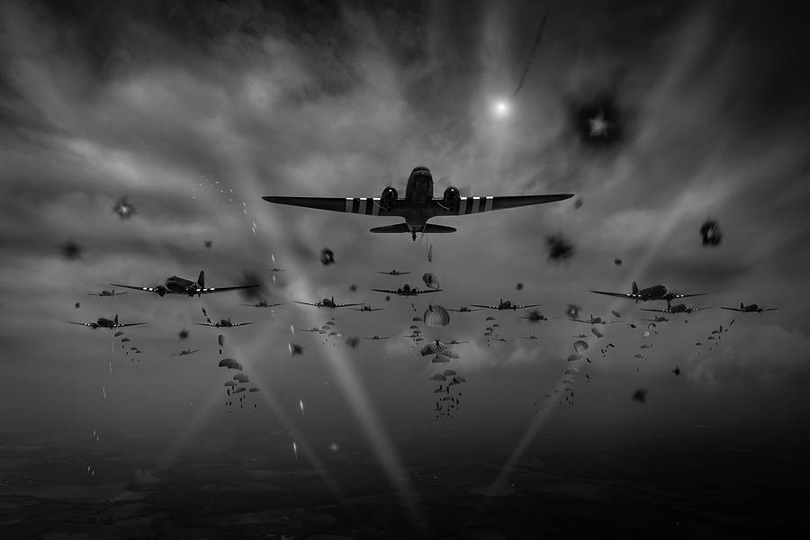 Dakotas Photograph - D-Day paratroop Dakotas black and white version by Gary Eason