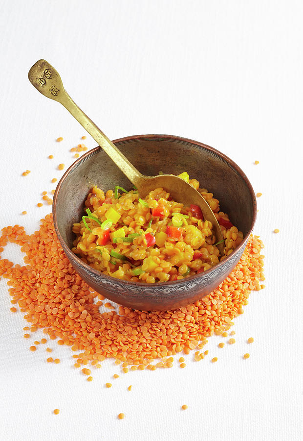 Daal With Red Lentils, Curry, Turmeric And Vegetables In A Bronze Bowl india Photograph by Teubner Foodfoto