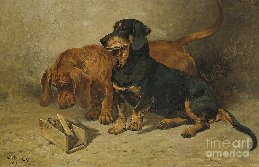John Emms Painting - Dachshunds, 1893 by John Emms