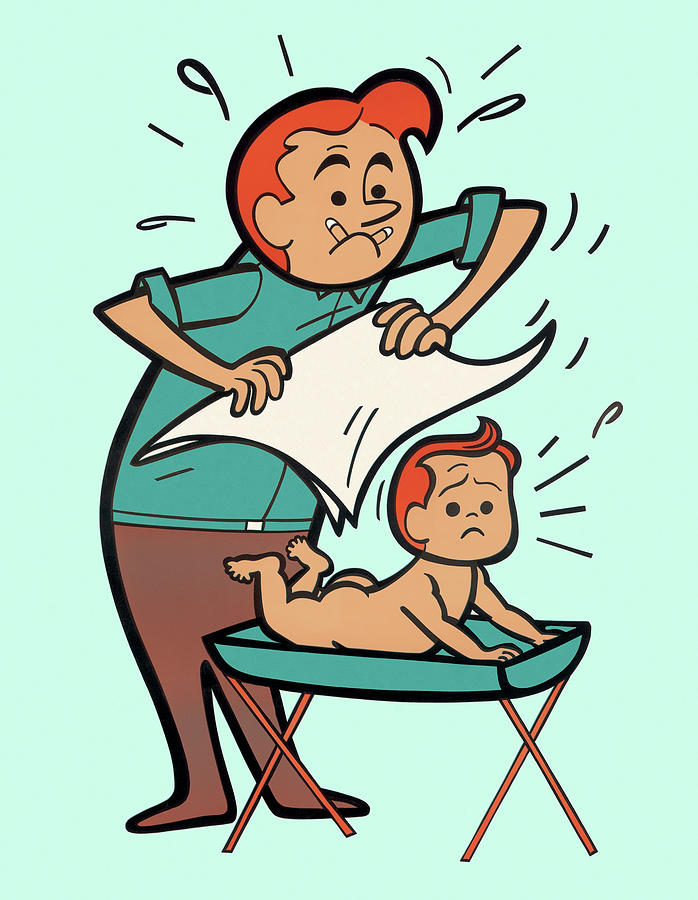 Vintage Drawing - Dad Changing Babys Diaper by CSA Images