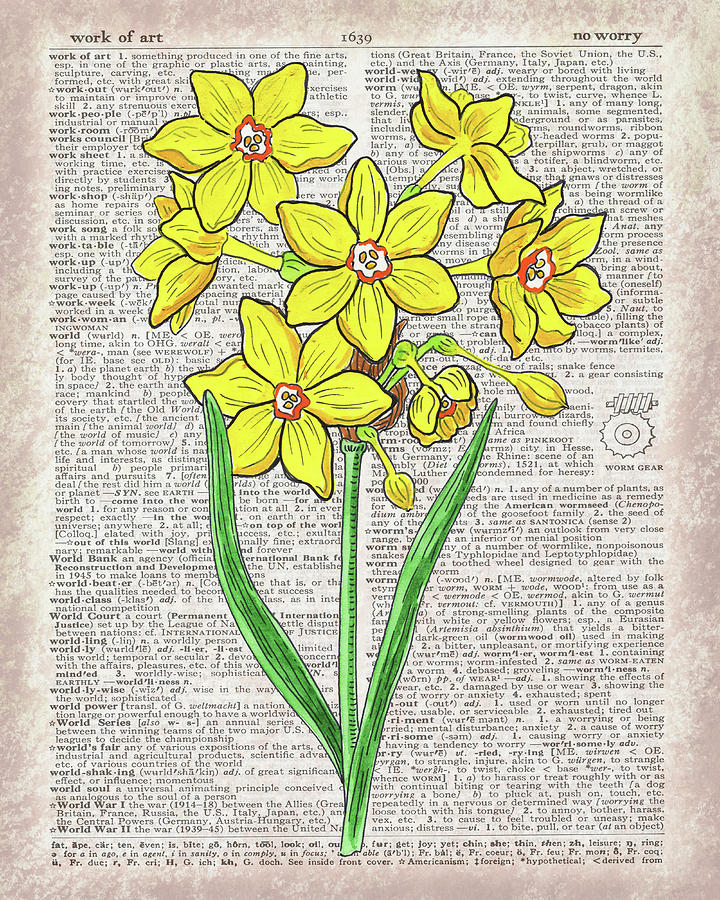 Daffodil Dictionary Page Watercolor Art  Painting by Irina Sztukowski