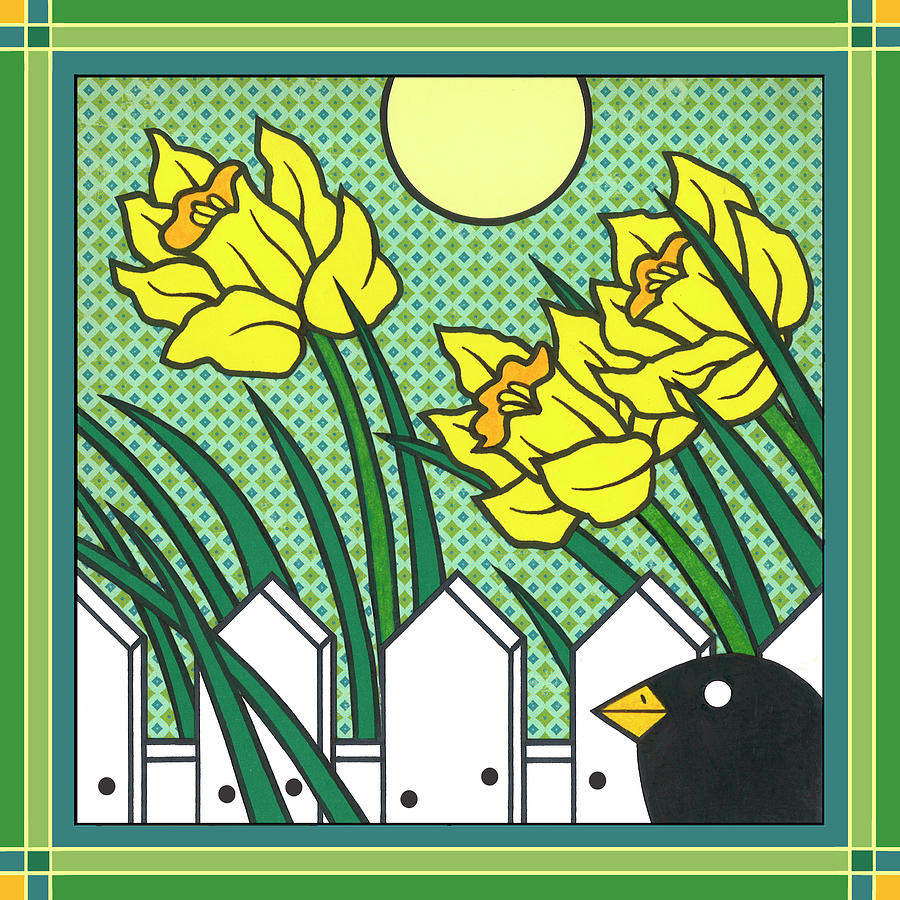 Flower Digital Art - Daffodils 2 With Kernal The Crow by Denny Driver