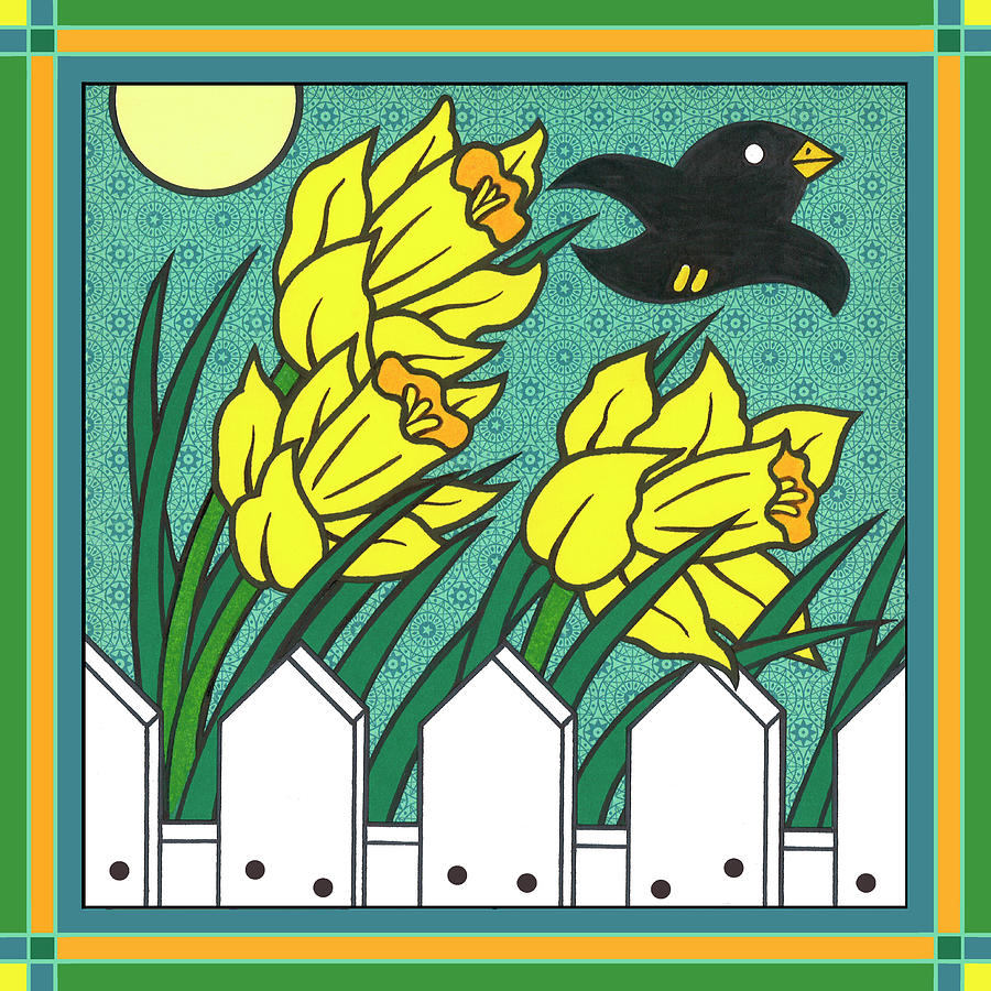 Flower Digital Art - Daffodils 3 With Kernal The Crow by Denny Driver