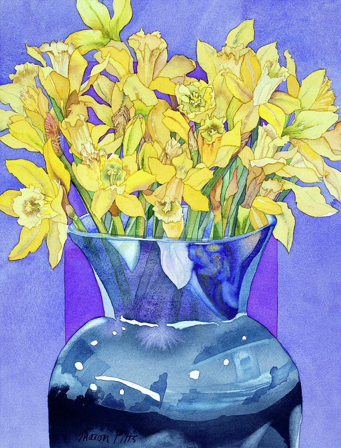 Flower Painting - Daffodils In Cobalt by Sharon Pitts