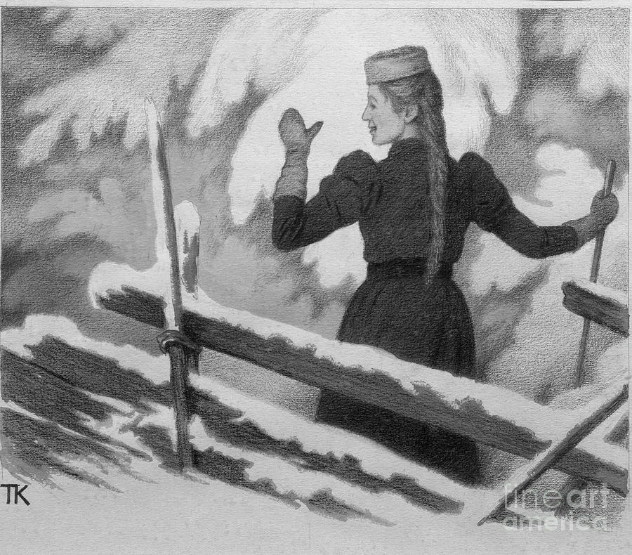 Dagny at the gate, the winter fairy-tale Drawing by O Vaering by Theodor Kittelsen