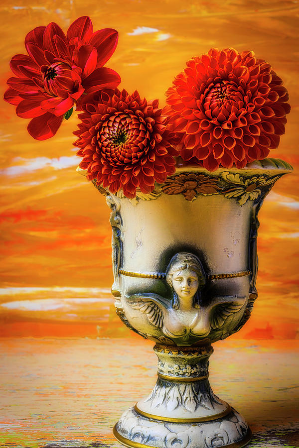 Garden Photograph - Dahlias In Roman Vase by Garry Gay