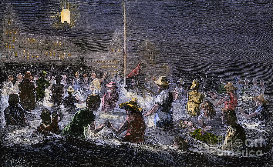 Summer Drawing - Daily Life Fun Of American Youth, Night Bath In Summer, Lit By Electric Light, On Coney Island Beach, New York, Circa 1880 Colour Engraving, Based On An Illustration By Shane, 19th Century by American School