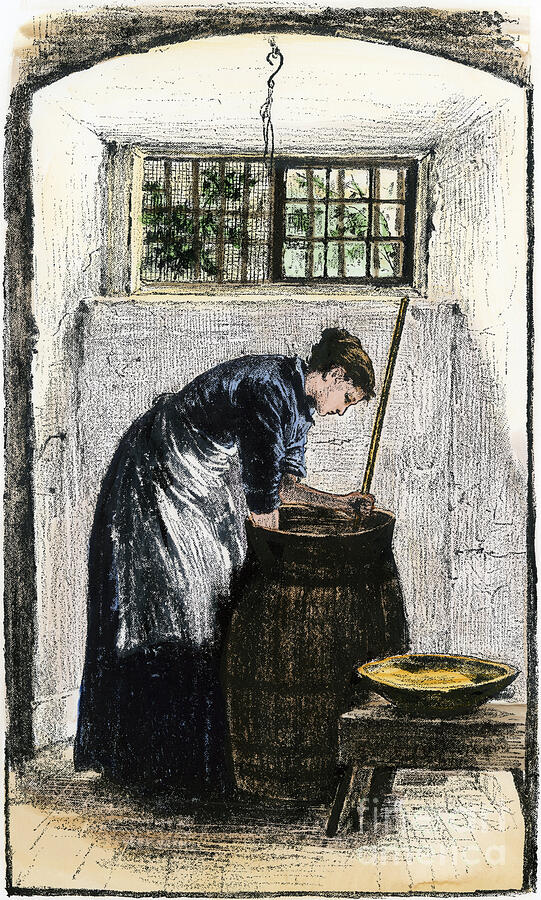Daily Life Of American Farmers, Domestic Stains Woman Bending Over A Baratte, To Pick Up Butter, 18th Century Engraving In Colour, From 19th Century Illustration Drawing by American School