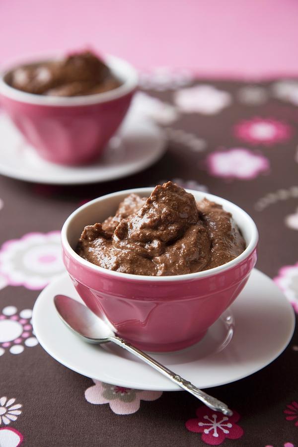 Dairy Free Chocolate Mousse In Pink Bowls Photograph by Joy Skipper Foodstyling
