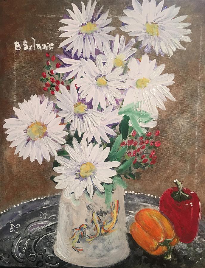 Daisies and peppers in fish vase Painting by Barbara Szlanic